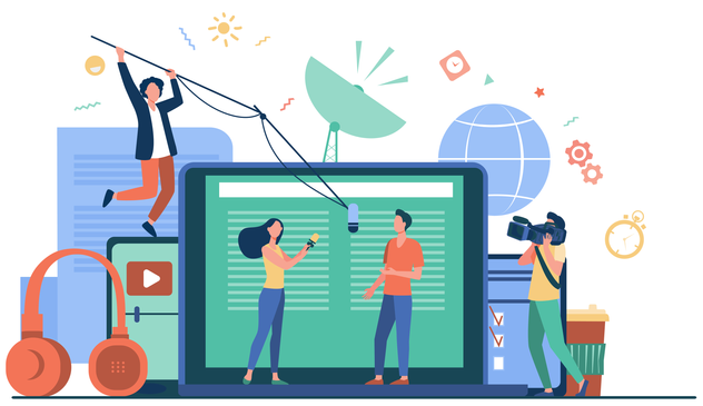 A drawing of one person interviewing another. There is a camera person and someone taking the audio. In the background an oversized screen, headphones, writing and mini globe. 