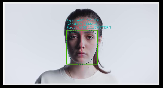 Face detection markers on a rotating face of a woman.