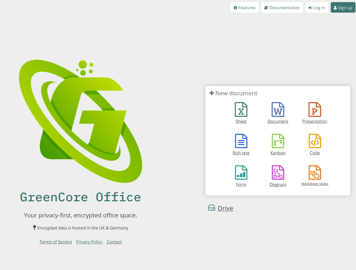 A screenshot of GreenCore Office homepage, with the GreenCore Logo (a large G with swirls round it) and a window with various apps (sheets, documents, presentations, etc).