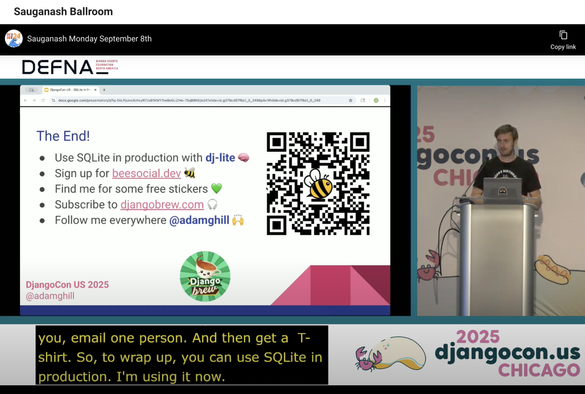"SQLite in Production" Lightning talk at DjangoConUS 2025 by Adam Hill