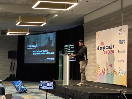 Rizwan on stage introducing "GlobalLogic From Legacy to Wagtail"