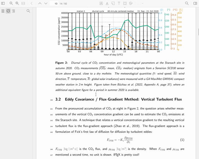 screencast of Zotero PDF viewer with a page of my WIP dissertation open (the topic is quantifying natural CO2 emissions at the Starzach site). The mouse hovers over different elements of the text, each time a popup shows the portion of the linked page, with a little red dot pointing at exactly the referenced element. In this document, this works for physical quantities (e.g. ρCO2 [kg/m³], which pops up the relevant section of the List of symbols), acronyms (e.g. CO2, which pops up part of the g…