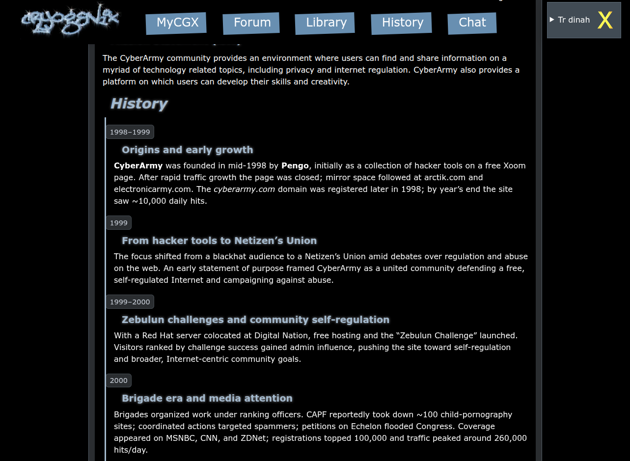 A screenshot of the Cryogenix History Project page at https://www.cryogenix.org/history/