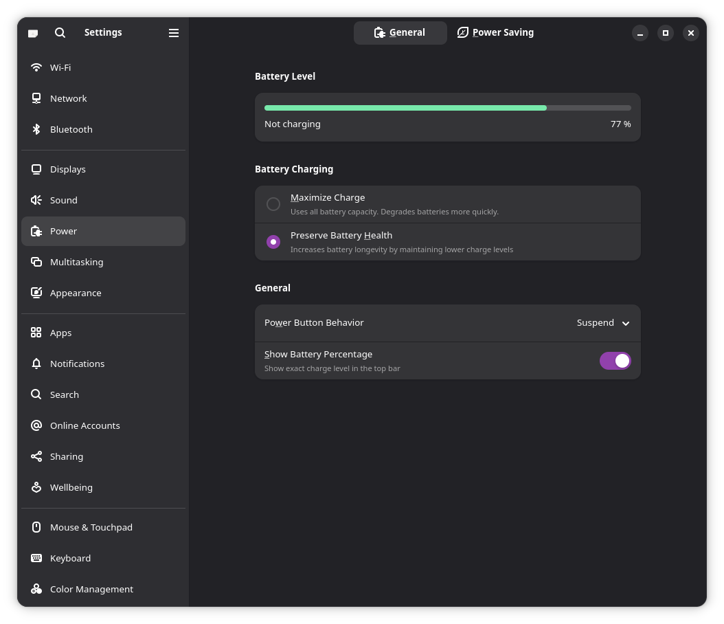 Screenshot of the GNOME power settings showing the battery is not charging and the battery level is 77%.
