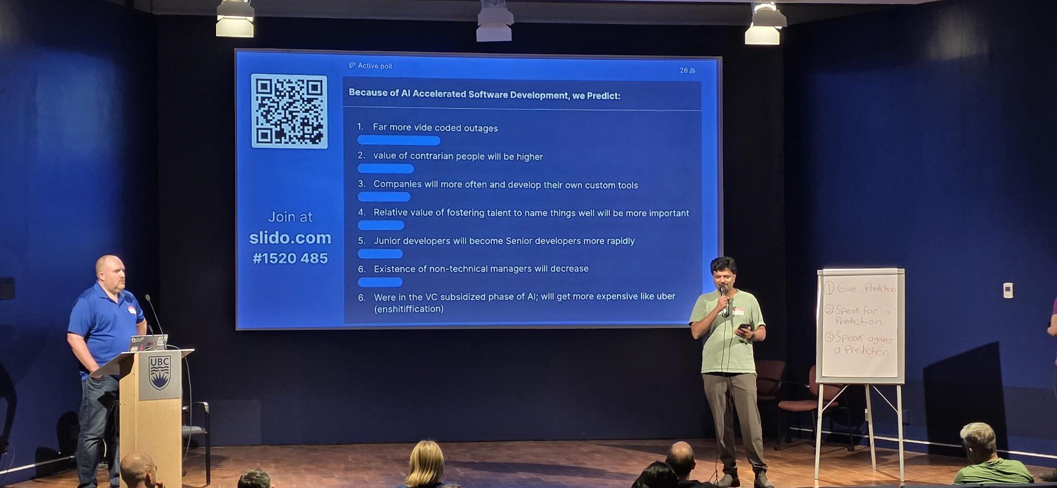 Main stage of the conference, a person speaking on a mic with presentation slide behind showing the predictions and voted on slido