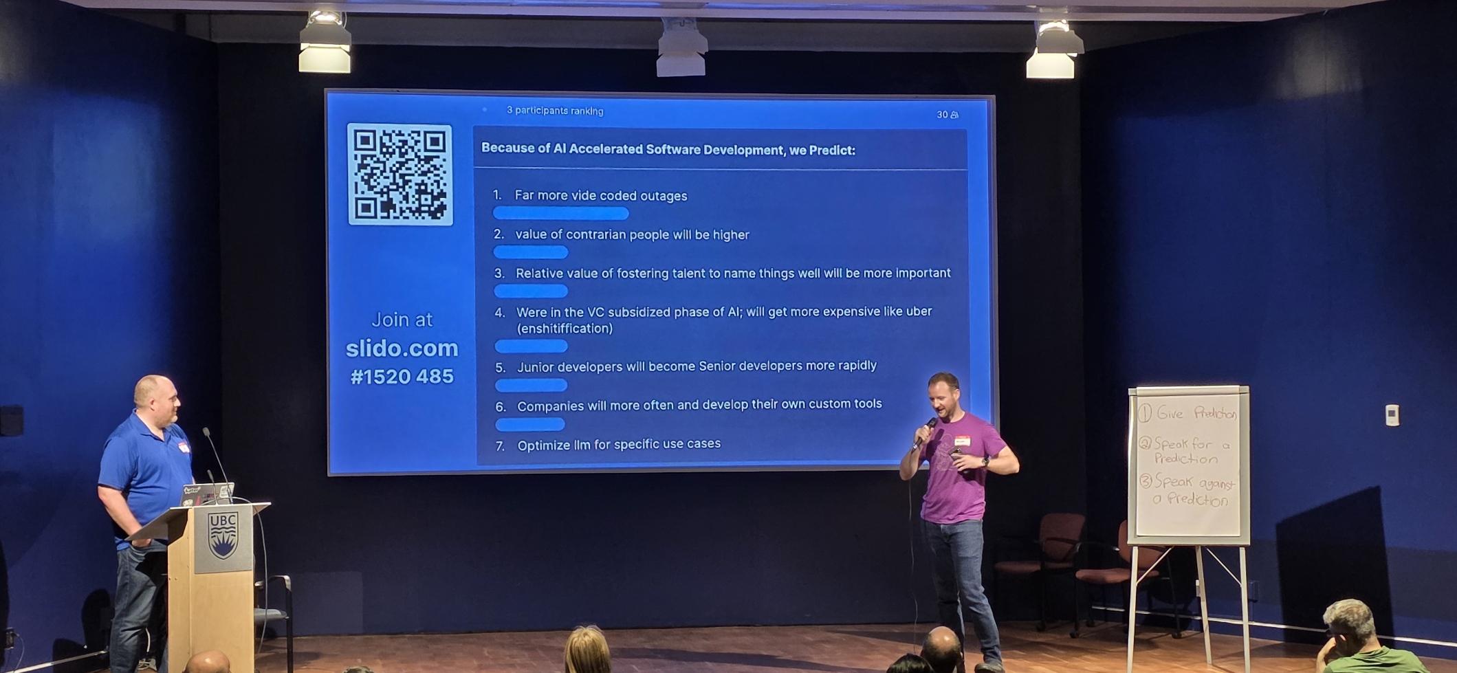 Main stage of the conference, a person speaking on a mic with presentation slide behind showing the predictions and voted on slido