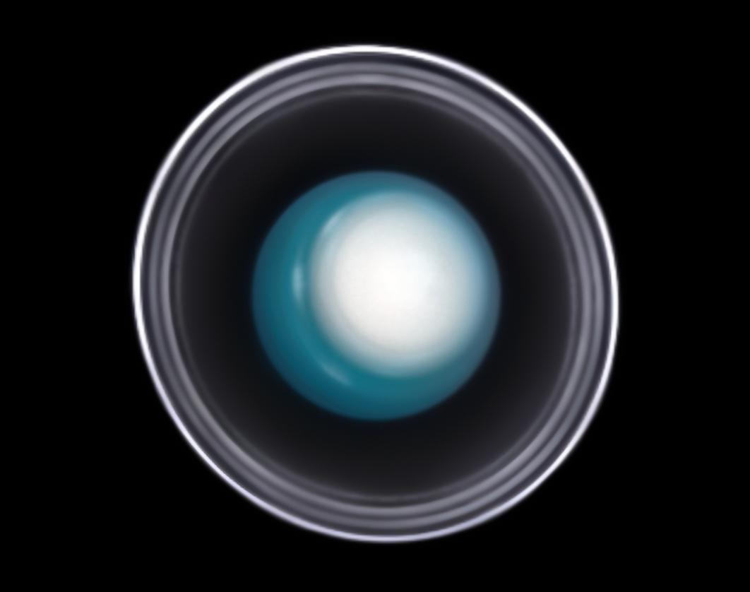 Image of Uranus taken by the James Webb Space Telescope, showing a whitish north polar region, vivid blue-greenish atmosphere and a few whitish elongated storms visible around the pole. The planet is surrounded by clearly defined ring system set against the black background of space.