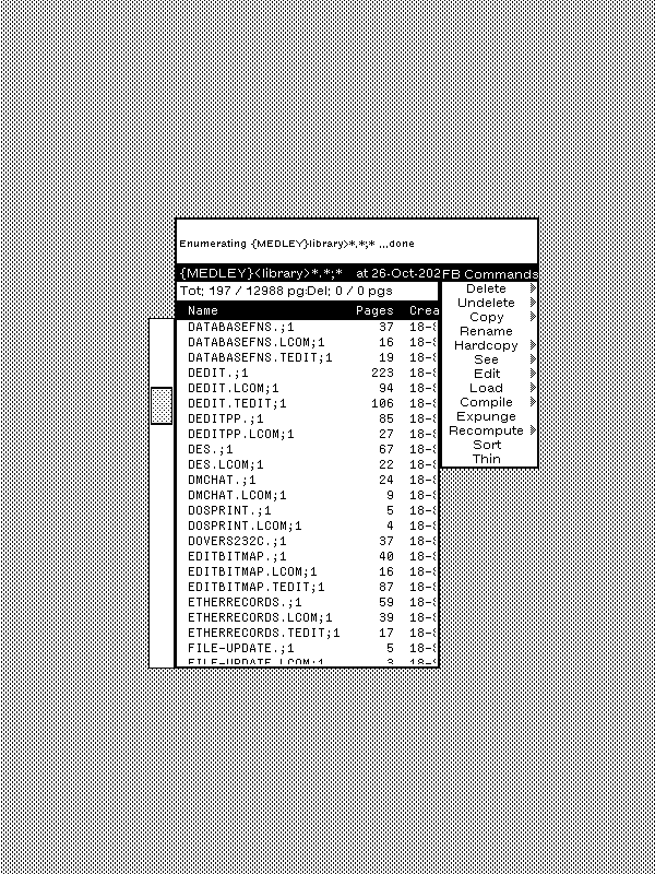 Screenshot of a portion of the black and white desktop of a 1980s graphical workstation environment. The desktop has a gray background pattern and one window with a white background and a title bar with white text on a black background. The window is a file browser with a main pane listing some files, status and input panes, and a command menu. The file list has a vertical scroll bar at the left edge. Screenshot of a portion of the black and white desktop of a 1980s graphical workstation environment. The desktop has a gray background pattern and one window with a white background and a title bar with white text on a black background. The window is a file browser with a main pane listing some files, status and input panes, and a command menu. The file list has a vertical scroll bar at the left edge.