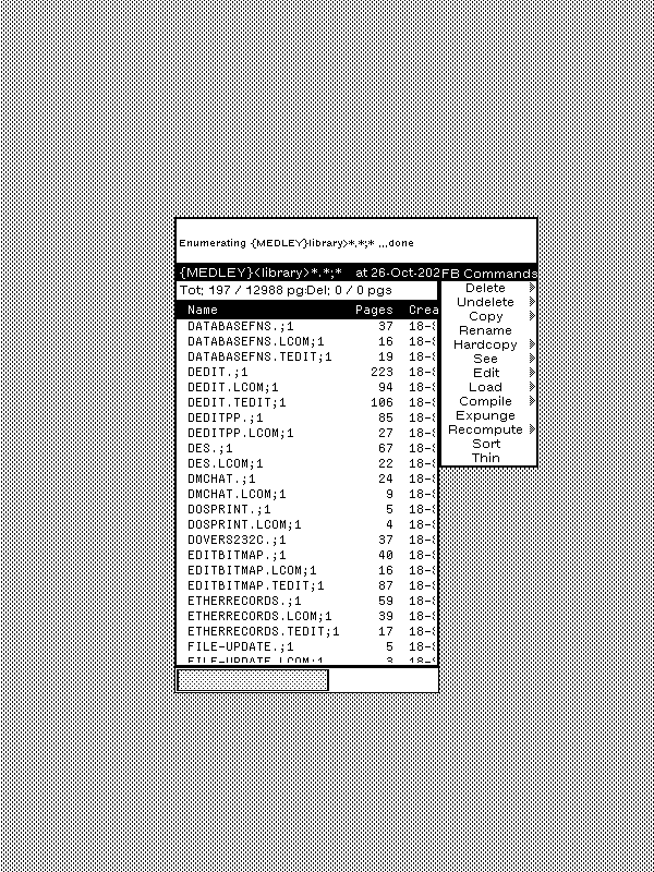 Screenshot of a portion of the black and white desktop of a 1980s graphical workstation environment. The desktop has a gray background pattern and one window with a white background and a title bar with white text on a black background. The window is a file browser with a main pane listing some files, status and input panes, and a command menu. The file list has a horizontal scroll bar at the bottom edge. Screenshot of a portion of the black and white desktop of a 1980s graphical workstation environment. The desktop has a gray background pattern and one window with a white background and a title bar with white text on a black background. The window is a file browser with a main pane listing some files, status and input panes, and a command menu. The file list has a horizontal scroll bar at the bottom edge.