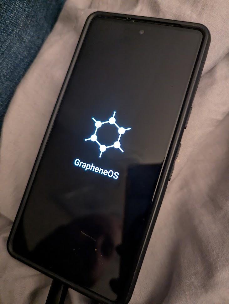 A picture of my phone with the GrapheneOS boot logo