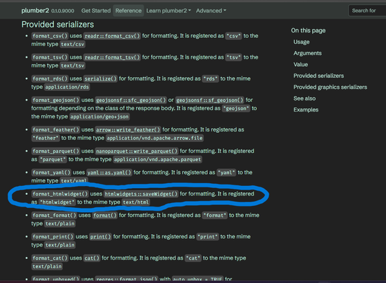 Shows plumber2 documentation with all available serializers listed. The htmlwidget serializer has been circled.