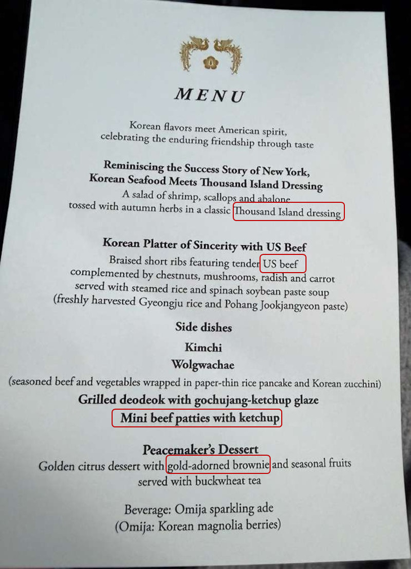 Lunch menu in Korea tailored for trump
Source: https://www.abc.net.au/news/2025-10-30/donald-trump-visits-south-korea/105950680