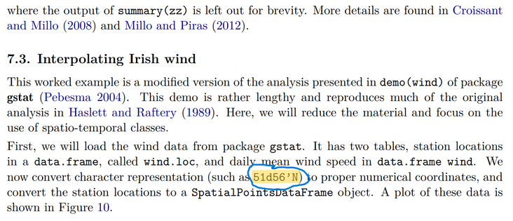 Shows text with geographical coordinates formatted in a number/character format, e.g. 51d56'N.