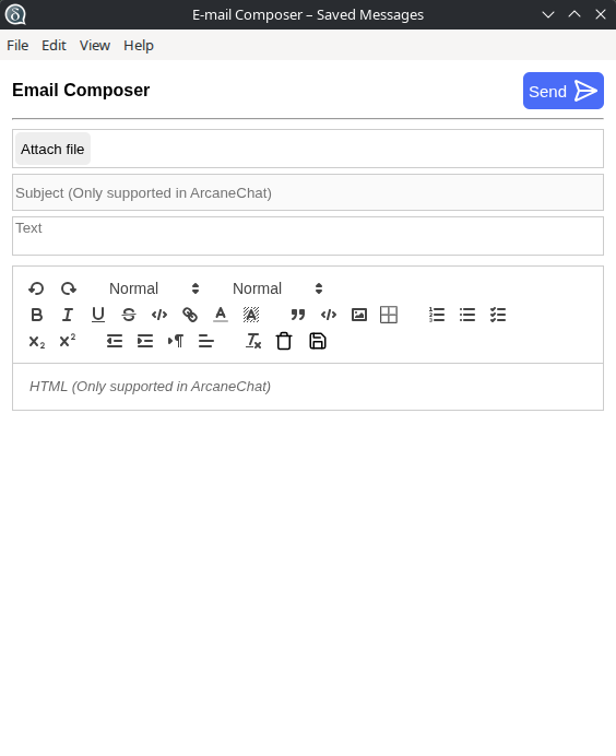 An email composer web application for Delta Chat or ArcaneChat, featuring a classic interface with options to attach files, set a subject (supported only in ArcaneChat), and compose messages using advanced HTML markup. The toolbar includes formatting options such as bold, italic, underline, strikethrough, subscript, superscript, alignment, lists, and more. The user interface is clean and minimal, with a prominent “Send” button in the top-right corner. The app is lightweight (193.4 kb) and runs without requiring logins or external platforms. Published July 26, 2025 (v1.3.4).
