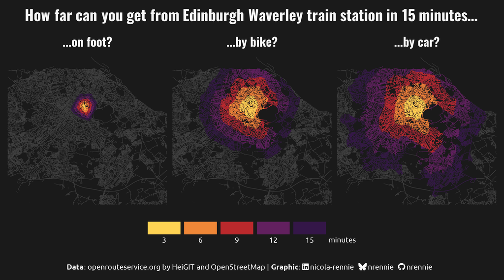 Three small multiple street maps of Edinburgh showing how far you can travel in 15 minutes on foot, by bike, and by car. Bike and car aren't that different.