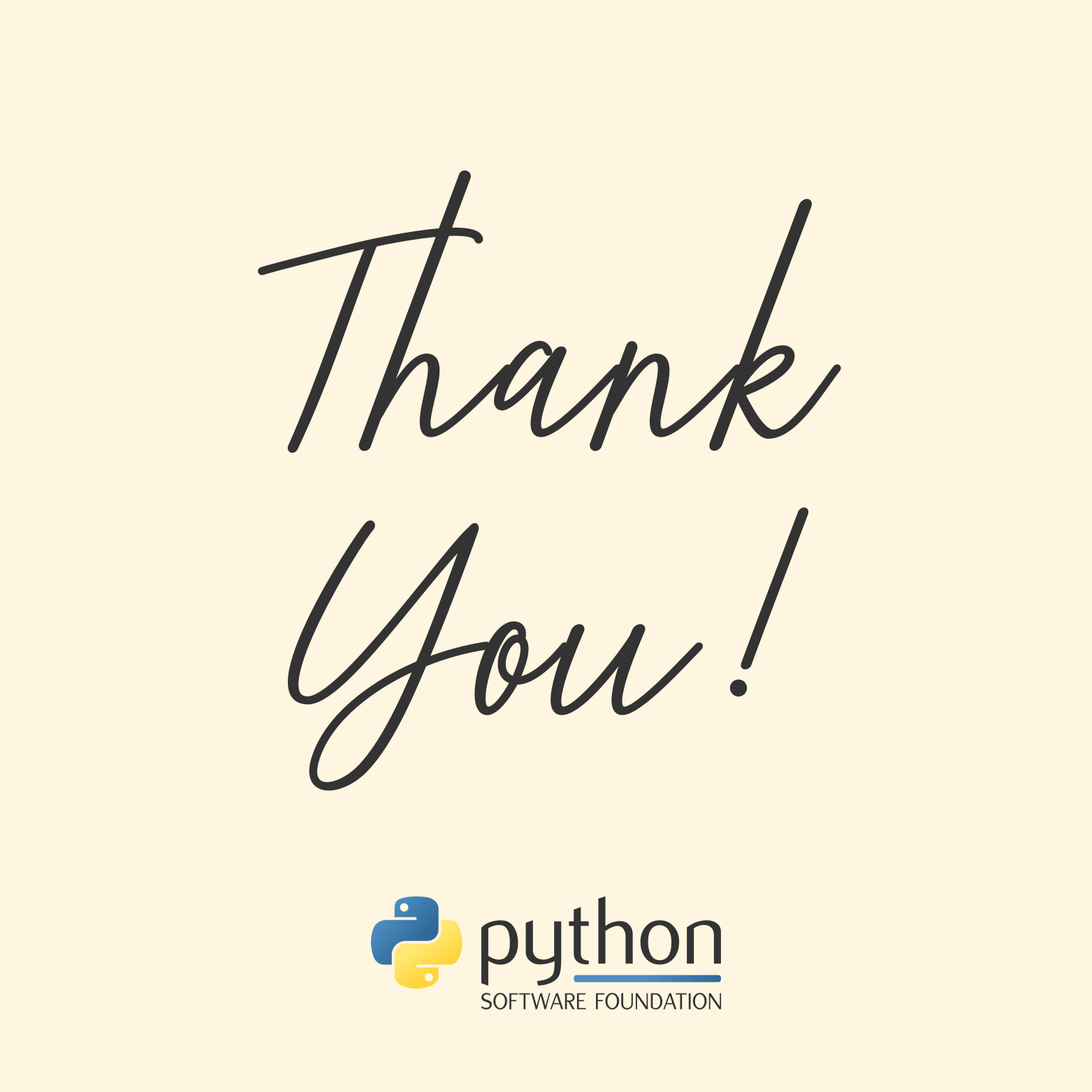 Simple graphic with a light yellow background that says "Thank you!" in cursive text. Underneath is the PSF logo.