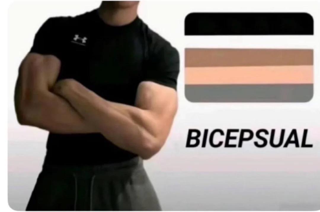 A muscular person with absolutely massive, toned forearms next to flag with five horizontal strikes in black, white, brown, yellow, and purple. The image is labelled "Bicepsual".