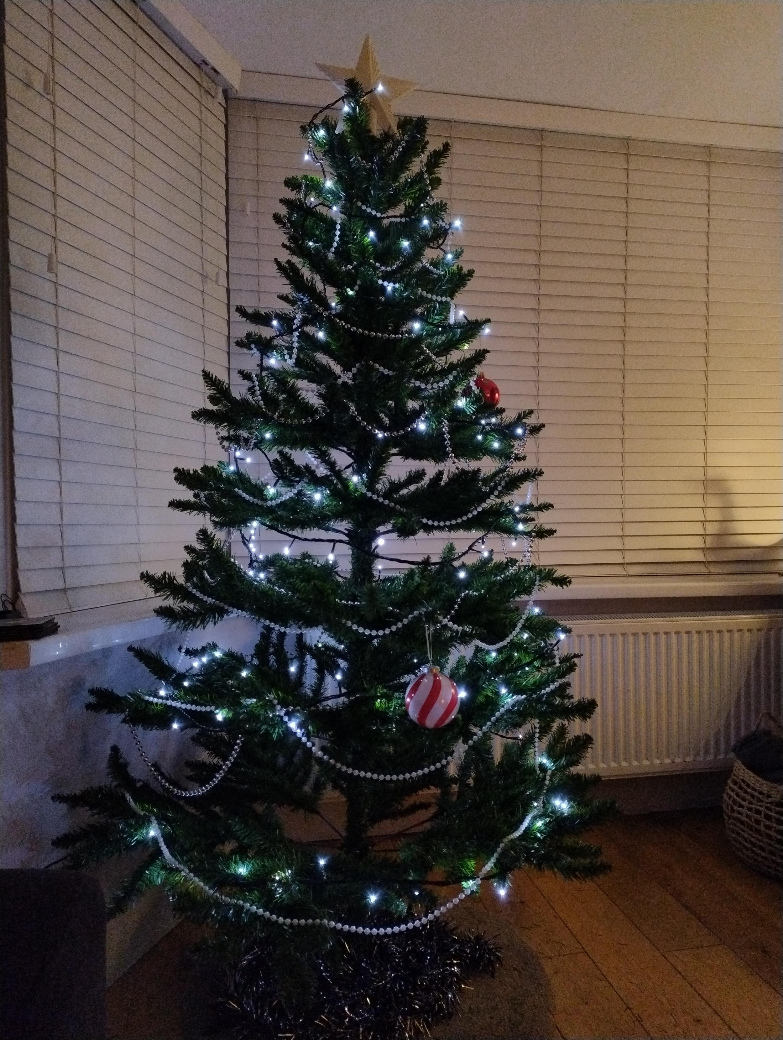 Christmas tree, with lights but only 2 baubles.
