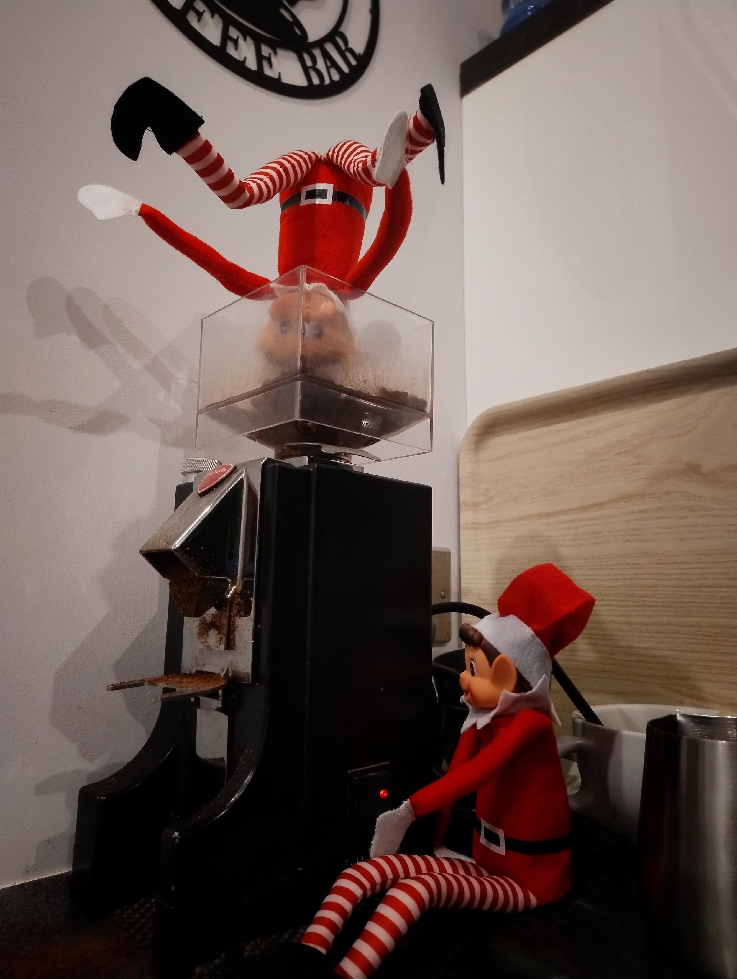 Elf on the shelf puppet being fed into a coffee grinder... by an elf on the shelf puppet.