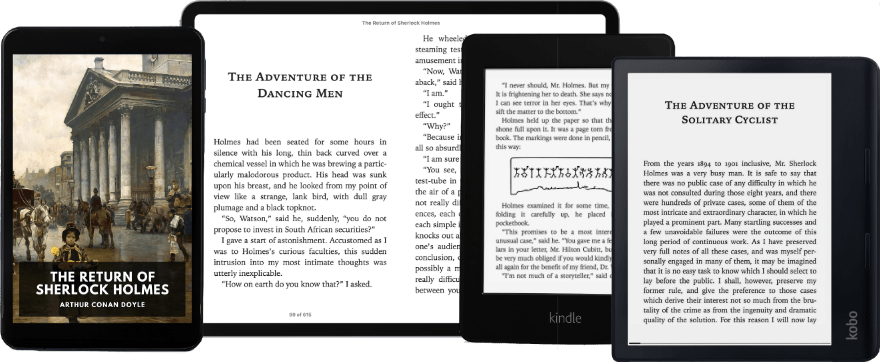 Various electronic devices showing the same ebook on the screen.

