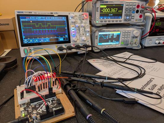 A photo of a workbench with a small circuit board with lots of wires and some LEDs. Next to it are 4 oscilloscope probe and some papers. An oscilloscope in the background displays 4 traces showing digital signals switching between 0 and 5 volts. There is some other test equipment next to the scope.