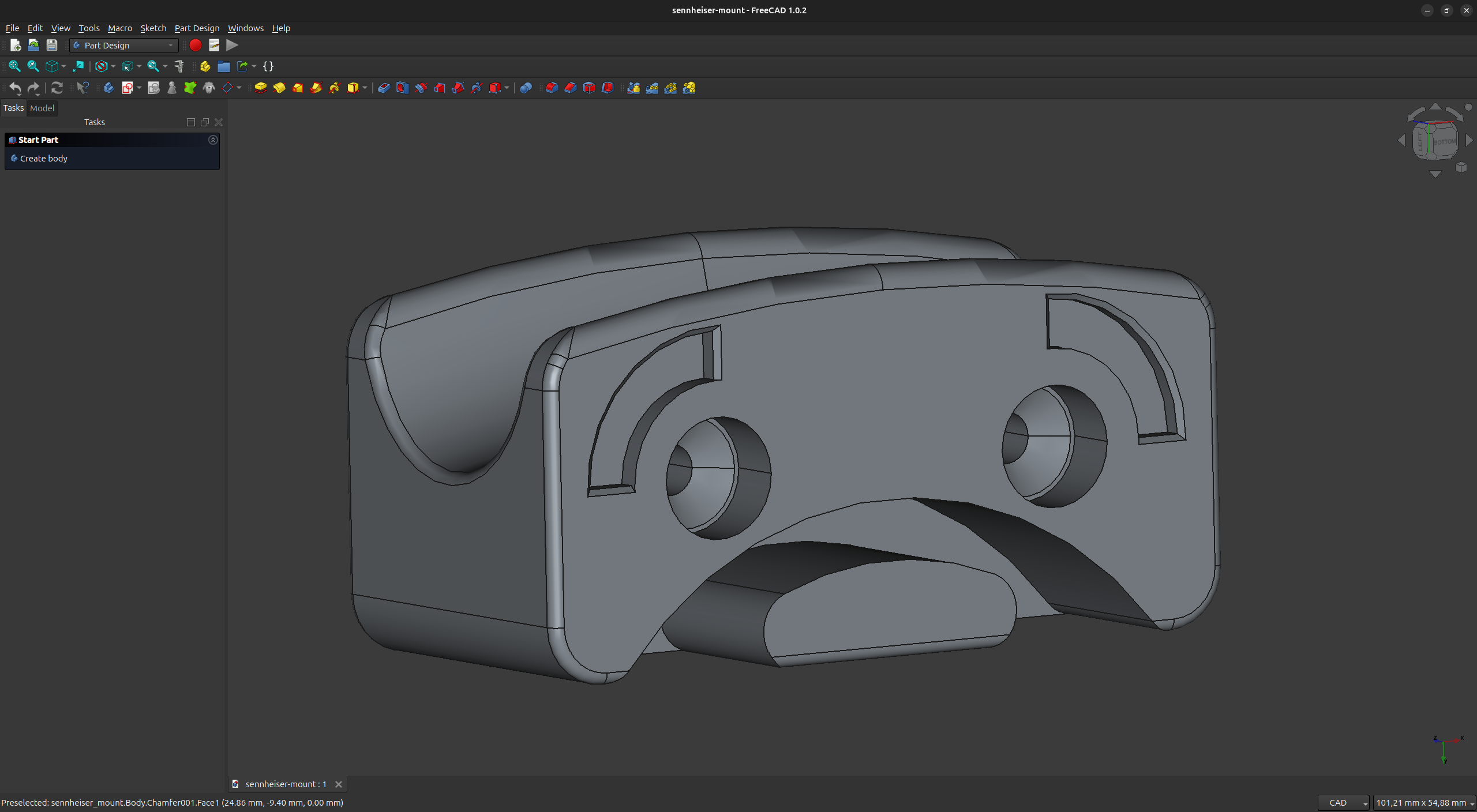 A screenshot of FreeCAD with the headphones mount project.