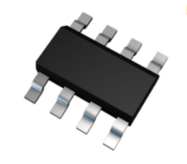 A 3D rendering of a SOT-223 package with 8 pins. 