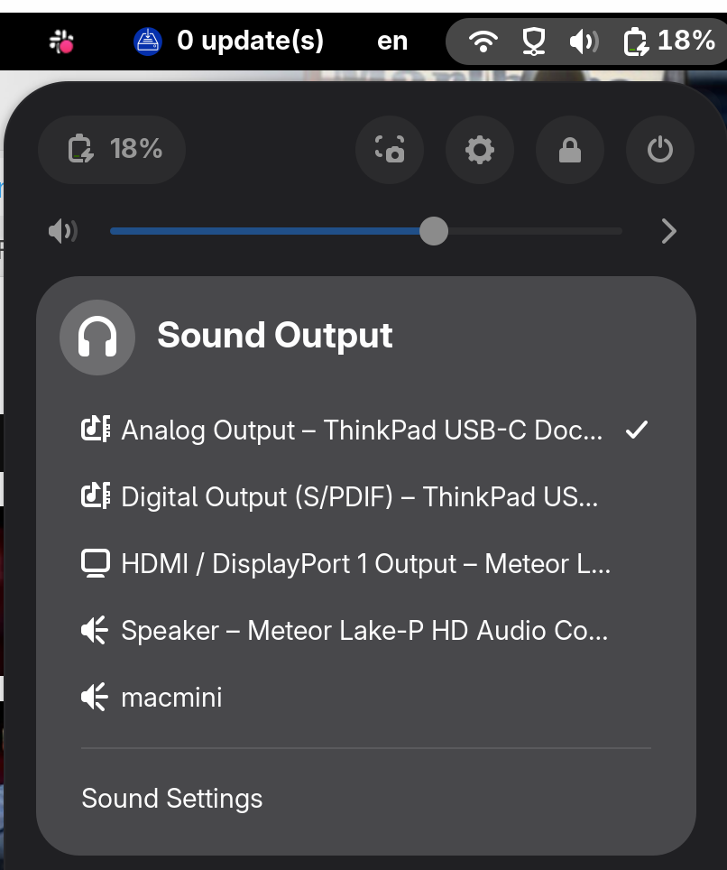 Gnome desktop sound device panel showing the two separate outputs for the dock (plus other devices, including the "macmini" one mentioned in a recent post.