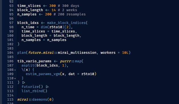 time_slices <- 300 # 300 days
block_length <- 14 # 2 weeks
n_samples <- 200 # 200 resamples

block_idxs <- make_block_indices(
  n_time = dim(r5to10)[2],
  time_slices = time_slices,
  block_length = block_length,
  n_samples = n_samples
)

plan(future.mirai