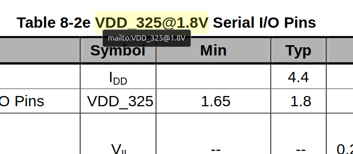 Screenshot from a datasheet. When hovering over the table header  "VDD_325@1.8V"  a mailto: link is displayed. 