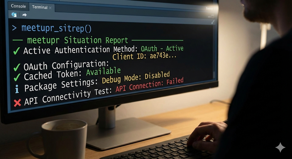 A close-up view of a computer monitor in a dimly lit room, showing a terminal console. The terminal displays the output of an R function called meetupr_sitrep(). The report shows green checkmarks for "Active Authentication" and "Cached Token," and a blue information icon for package settings. At the bottom, a red "X" marks a failed "API Connectivity Test," illustrating a diagnostic situation report in action. In the foreground, a coffee mug and a person’s hand on a keyboard are visible but slightly out of focus.