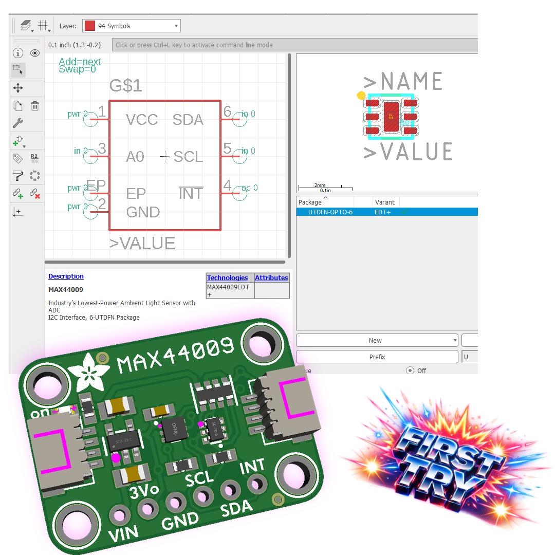 Composite image showing AI-generated EagleCAD library for the MAX44009 lux sensor: upper left shows the schematic symbol editor with VCC, SDA, A0, SCL, EP, GND, and INT pins correctly assigned with power, input, and I/O directions; upper right shows the UTDFN-OPTO-6 footprint with exposed pad and pin 1 indicator dot; lower left shows the finished Adafruit STEMMA QT breakout board render with the MAX44009 mounted, surrounded by pink neon glow; lower right shows a retro bowling alley "FIRST TRY" celebration graphic with chrome 3D text and starburst effects... because the AI-generated footprint actually worked on the first attempt.