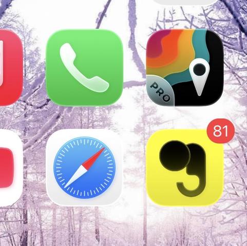 A screenshot of six app icons on a snowy background. The icons are for phone, maps, notifications, browser, and others.