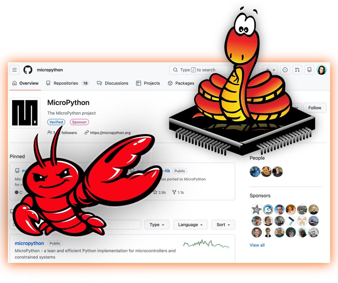 Screenshot of the MicroPython GitHub organization page showing the project's verified and sponsor badges, 18 repositories, and pinned repos including micropython and micropython-lib. Overlaid are two mascots: a red cartoon lobster (bottom left) and MicroPython's signature snake sitting atop a black microcontroller chip (top right). The lobster's claw reaches toward the GitHub interface.
