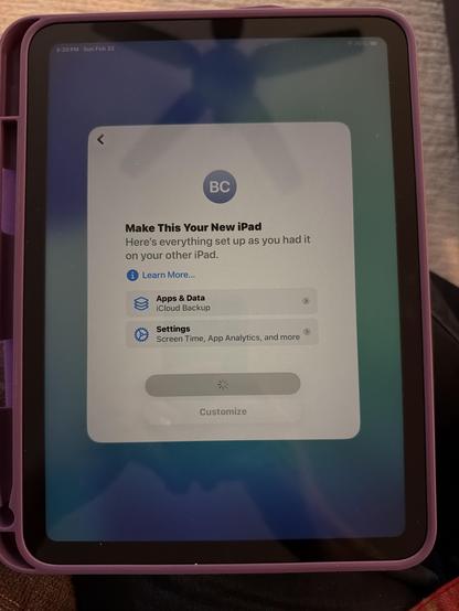 Purple iPad with setup screen. Options: Learn More, Apps & Data, Settings. "Customize" button at bottom.