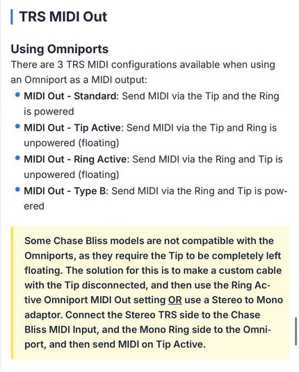 TRS MIDI Out guide: 3 configurations (Standard, Tip Active, Ring Active). Some Chase Bliss models need custom cables. Details inside.