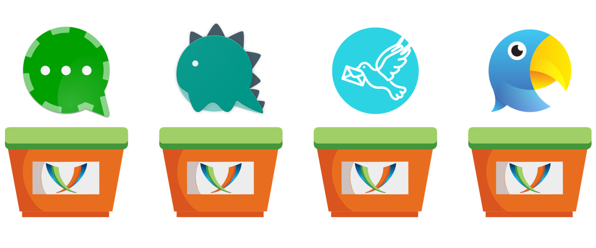 Four bowles with the XMPP logo with XMPP Chat client logos above. Conversations, Dino, Monal and Snikket.
