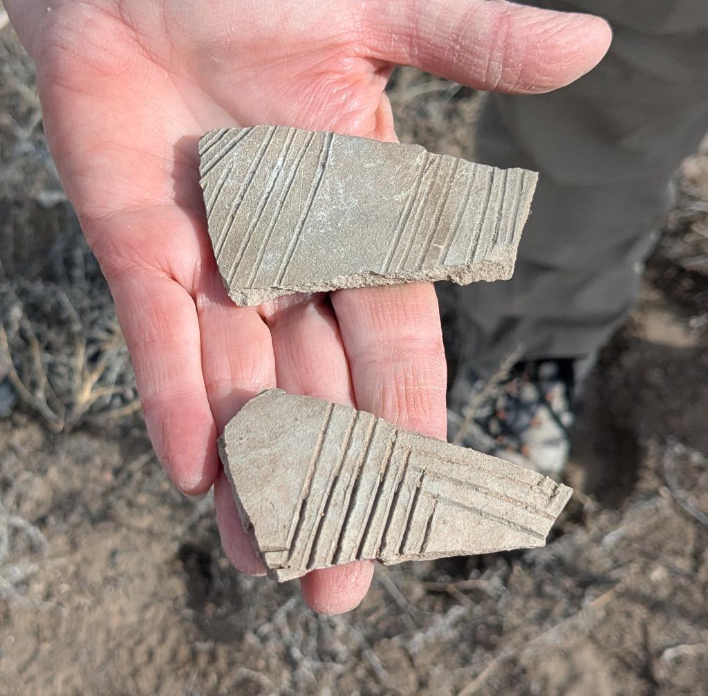 Two ancient puebloan pot sherds held in a hand. They're maybe 2.5" wide by 1.5" tall and a little under 1/4" thick, made of light tan clay. They're both incised with patterns of lines: one has mostly parallel lines, 1/4" apart with an unlined band in the middle, and a couple of diagonal lines off in one corner. The other has lines at almost right angles, making a corner of a set of concentric (conrectangular) rectangles or squares.