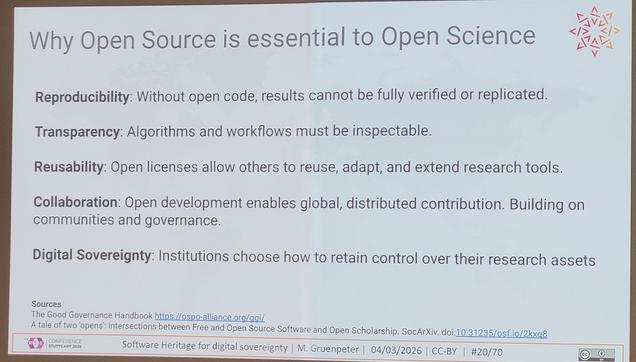 Why Open Source is essential to Open Science: Reproducibility, Transparency, Reusability, Collaboration, Digital Sovereignty 