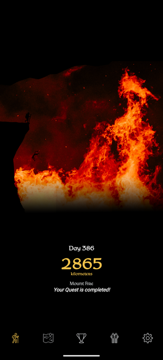 snímek obrazovky z aplikace https://forge7.net/fantasyhike/, den 386, 2865 km, hláška „Mount Fire — Your Quest is completed!”