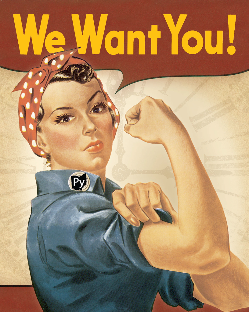 A pop art style poster of Rosie the Riveter, looking at the camera and flexing her bicep. The speech bubble above her head reads "We Want You!" The button Rosie wears on her collar has been replaced with the PyOhio logo.