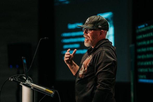 Carson Gross delivers his keynote talk at DjangoCon US 2025