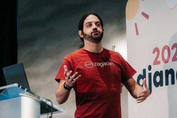 Benjamin "Zags" Zagorsky delivers his keynote at DjangoCon US 2025