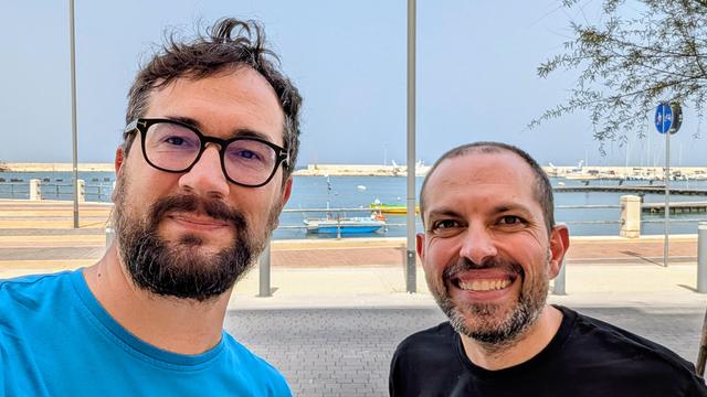 Selfie with Gaetano, organizer of Python Bari, with the Adriatic Sea behind us during a quick lunch by the coast.