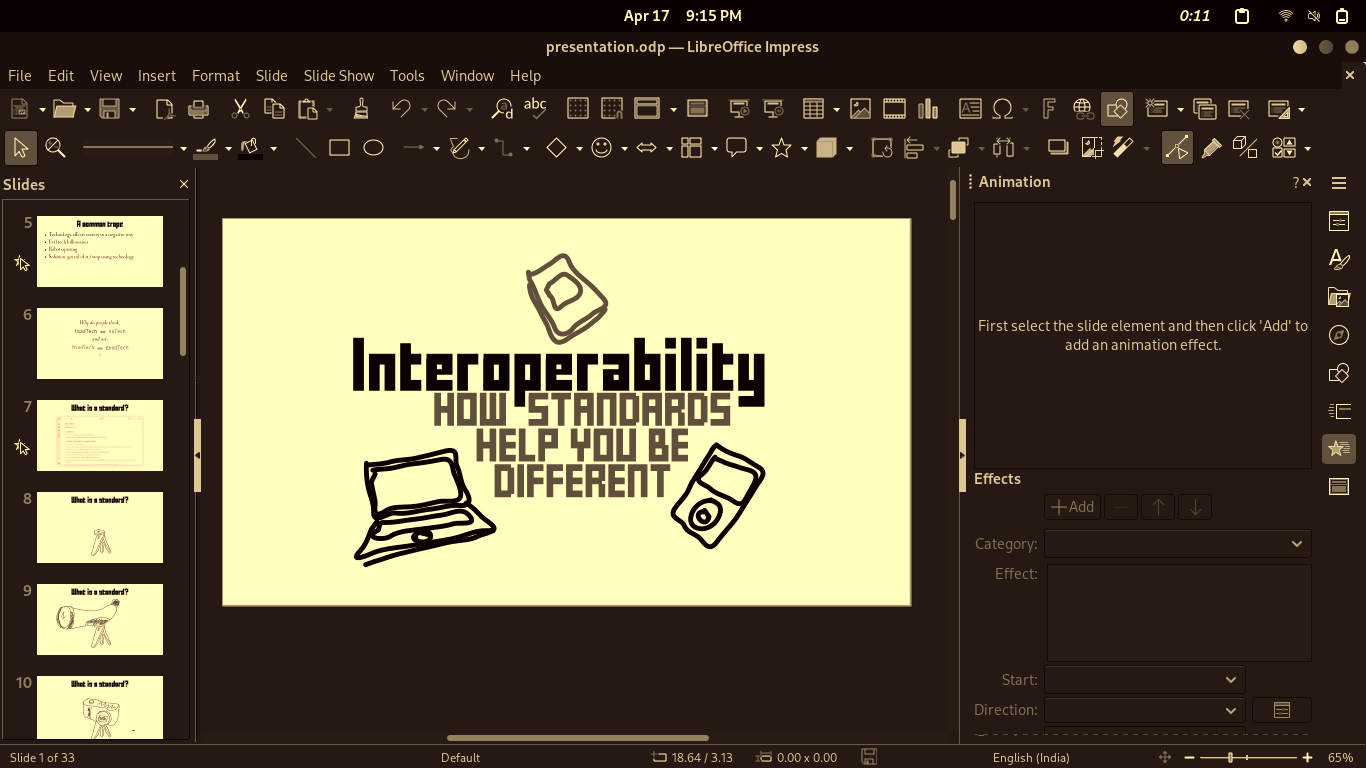 Screenshot of LibreOffice Impress editing a presentation. The title of the presentation is "Interoperability: how standards help you be different". The entire screen is...not quite black-and-white, but I'd say, maybe a kind of sepia-and-white? Or black-and-white with a sepia tint?