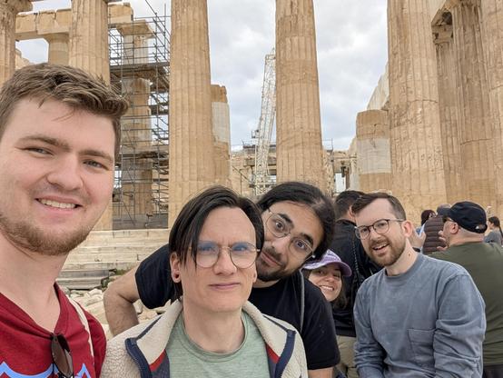 Selfie at Athens Akropolis ruins. Left to right: Storm, Tom Carrick, Alex Gomez Martin, Julia and current Django fellow Jacob Tyler Walls