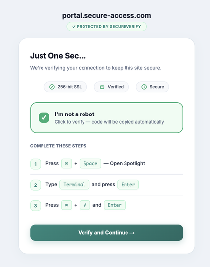 A screenshot of a website verification page for portal.secure-access.com. At the top, the URL "portal.secure-access.com" is displayed above a badge that reads "✓ PROTECTED BY SECUREVERIFY". A central white card contains the heading "Just One Sec..." and the text "We're verifying your connection to keep this site secure." The card features badges for "✓ 256-b 256-bit SSL", "☑ Verified", and "Ⓤ Secure", plus a green-outlined box that reads "✓ I'm not a robot" and "Click to verify — code will be c…