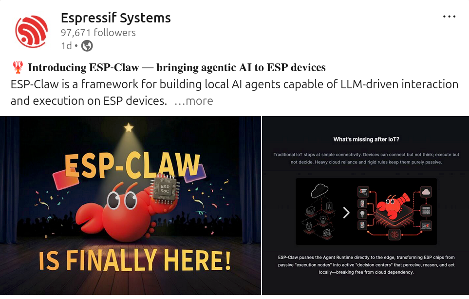 LinkedIn post showcasing announcing the ESP-Claw