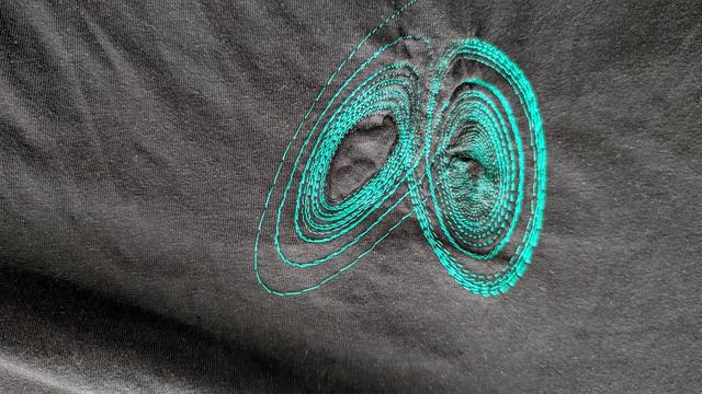 Lorenz (butterfly) Attractor pattern stitched onto a t shirt.